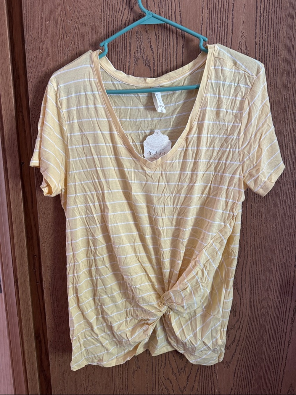 Altar'd State Yellow & White Striped V-Neck Knot Front Tee